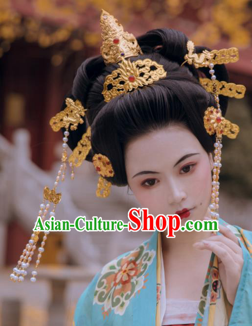 Traditional Chinese Tang Dynasty Empress Hair Crown and Hairpins Ancient Court Queen Hair Accessories for Women