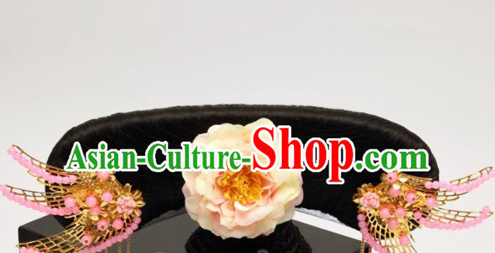 Traditional Chinese Qing Dynasty Imperial Consort Wigs and Pink Phoenix Hairpins Ancient Court Lady Hair Accessories for Women