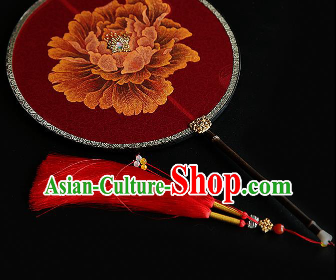 Traditional Chinese Hanfu Wedding Red Fans Handmade Ancient Princess Embroidered Peony Palace Fan for Women