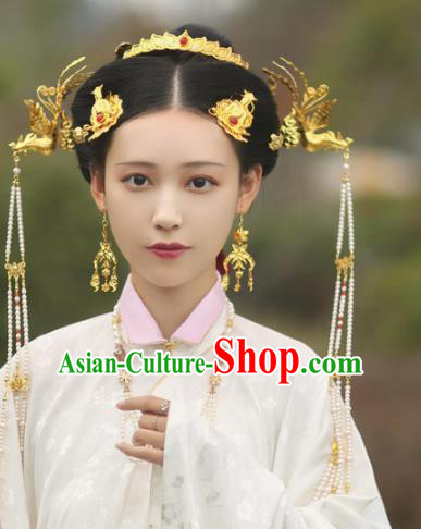 Traditional Chinese Ming Dynasty Princess Hair Crown and Phoenix Hairpins Ancient Court Queen Hair Accessories for Women