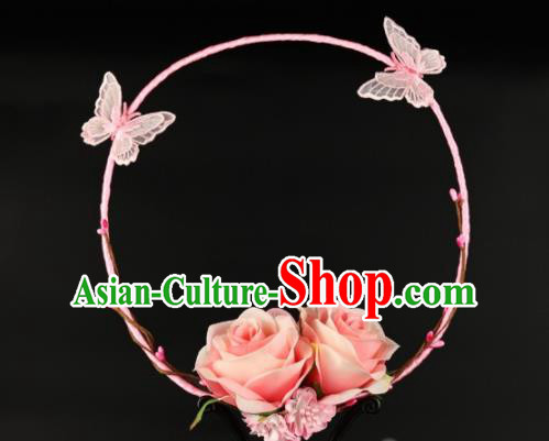 Traditional Chinese Hanfu Pink Butterfly Palace Fan Handmade Ancient Princess Wedding Fans for Women