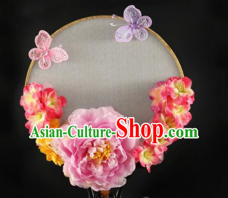 Traditional Chinese Hanfu Pink Peony Palace Fan Handmade Ancient Princess Wedding Fans for Women