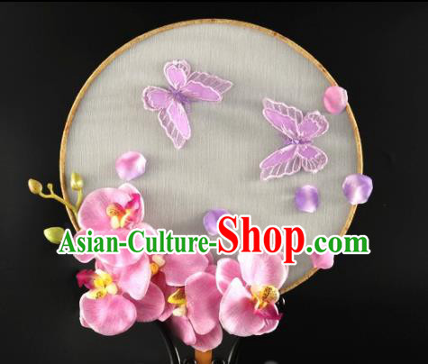 Traditional Chinese Hanfu Lilac Phalaenopsis Palace Fan Handmade Ancient Princess Wedding Fans for Women