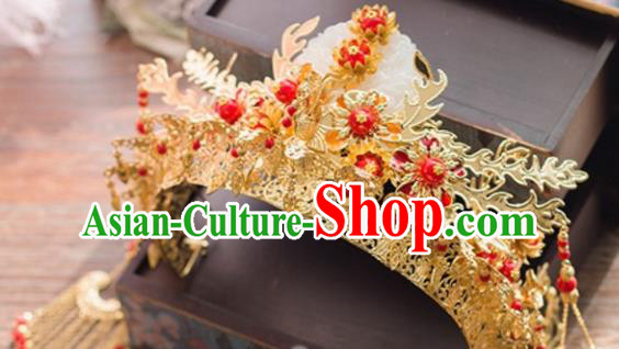 Traditional Chinese Wedding Jade Phoenix Coronet Hairpins Ancient Court Queen Hair Accessories for Women