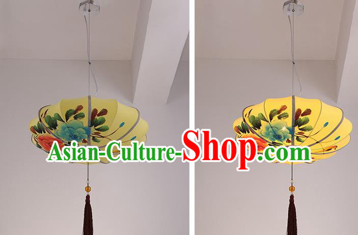 Chinese Traditional Printing Flowers Yellow Hanging Lantern Handmade New Year Lamp Cloth Palace Lanterns