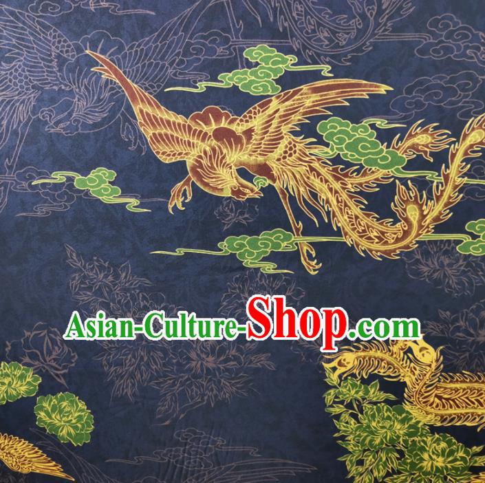 Chinese Traditional Phoenix Pattern Navy Silk Fabric Mulberry Silk Fabric Hanfu Dress Material