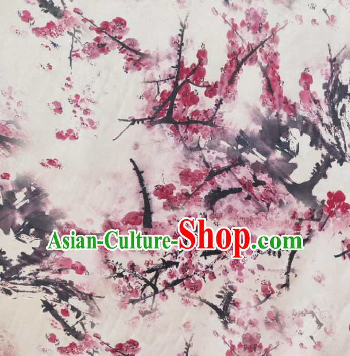 Chinese Traditional Ink Plum Blossom Pattern White Silk Fabric Mulberry Silk Fabric Hanfu Dress Material