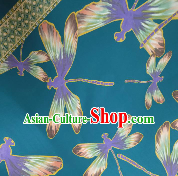 Chinese Traditional Dragonfly Pattern Blue Silk Fabric Mulberry Silk Fabric Hanfu Dress Material
