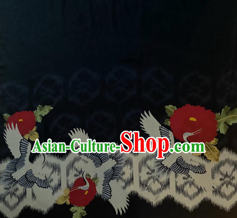 Chinese Traditional Crane Camellia Pattern Black Silk Fabric Mulberry Silk Fabric Hanfu Dress Material