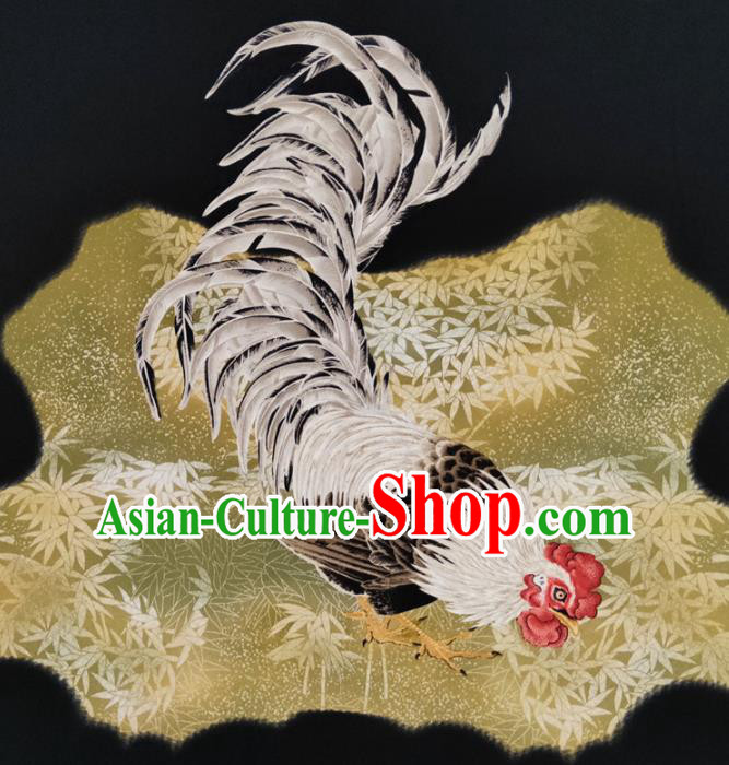 Chinese Traditional Rooster Bamboo Pattern Black Silk Fabric Mulberry Silk Fabric Hanfu Dress Material