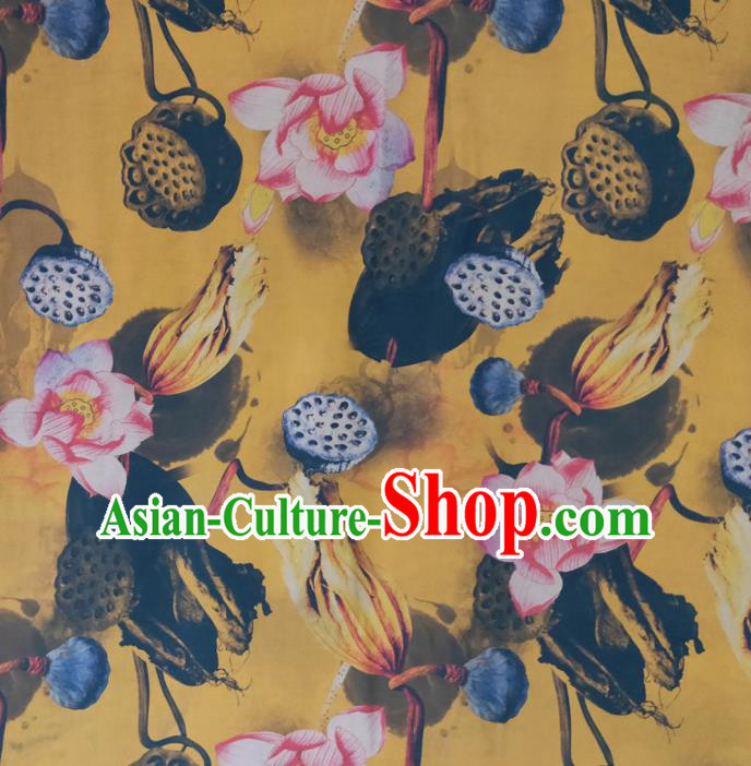 Chinese Traditional Lotus Pattern Yellow Silk Fabric Mulberry Silk Fabric Hanfu Dress Material