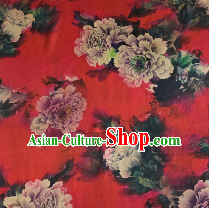 Chinese Traditional Peony Pattern Red Silk Fabric Mulberry Silk Fabric Hanfu Dress Material