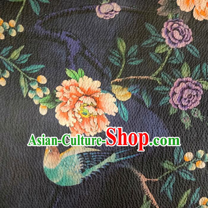 Chinese Traditional Peony Bird Pattern Navy Silk Fabric Mulberry Silk Fabric Hanfu Dress Material