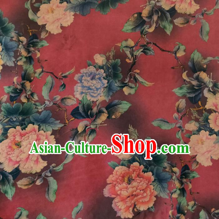 Chinese Traditional Peony Flowers Pattern Red Silk Fabric Mulberry Silk Fabric Hanfu Dress Material