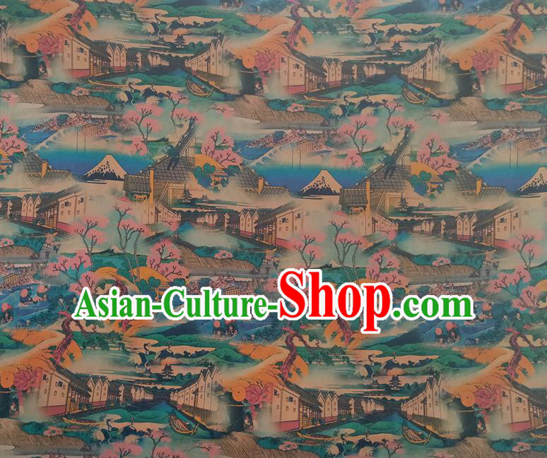 Chinese Traditional View Pattern Blue Silk Fabric Mulberry Silk Fabric Hanfu Dress Material