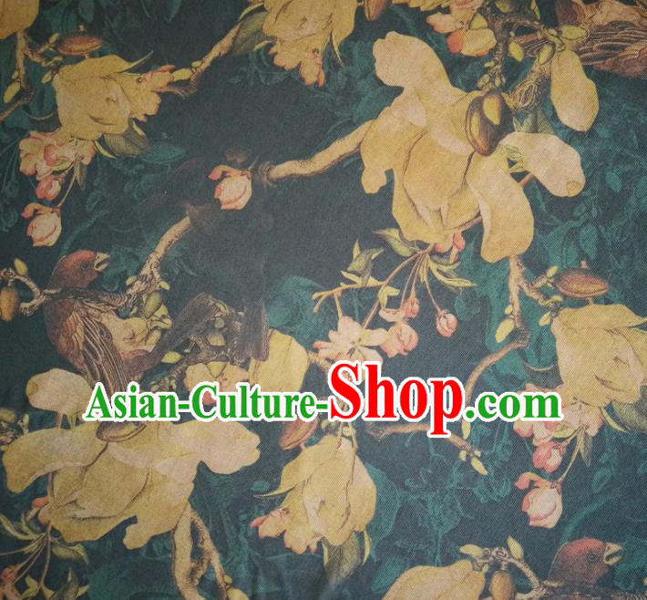 Chinese Traditional Magnolia Pattern Atrovirens Silk Fabric Mulberry Silk Fabric Hanfu Dress Material