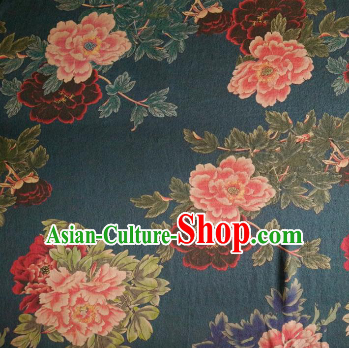 Chinese Traditional Peony Pattern Deep Blue Silk Fabric Mulberry Silk Fabric Hanfu Dress Material