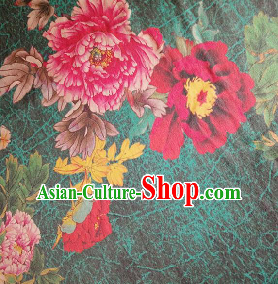 Chinese Traditional Peony Pattern Deep Green Silk Fabric Mulberry Silk Fabric Hanfu Dress Material