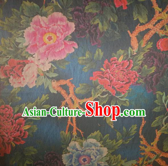 Chinese Traditional Peony Flowers Pattern Deep Blue Silk Fabric Mulberry Silk Fabric Hanfu Dress Material