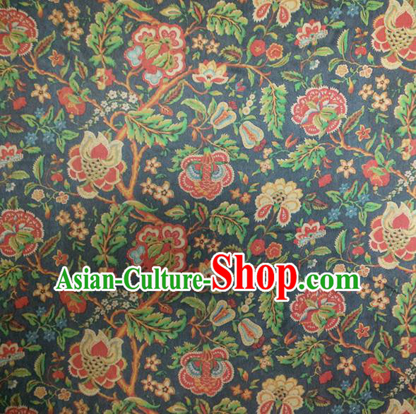 Chinese Traditional Twine Flowers Pattern Navy Silk Fabric Mulberry Silk Fabric Hanfu Dress Material