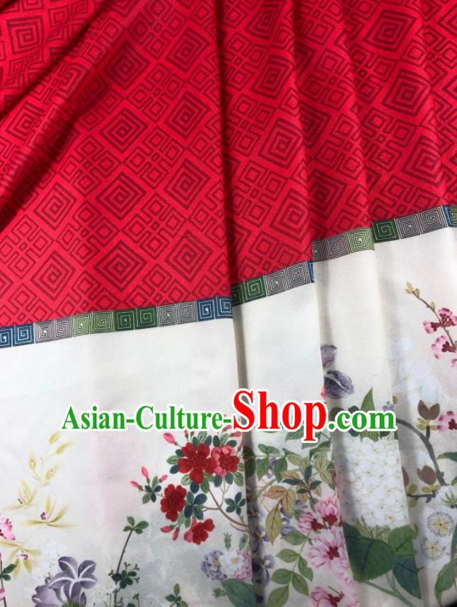 Chinese Traditional Flower Bird Pattern Red Hanfu Fabric Flax Fabric Hanfu Dress Material