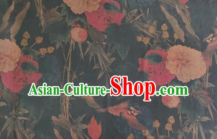 Chinese Traditional Bamboo Peony Pattern Navy Silk Fabric Mulberry Silk Fabric Hanfu Dress Material