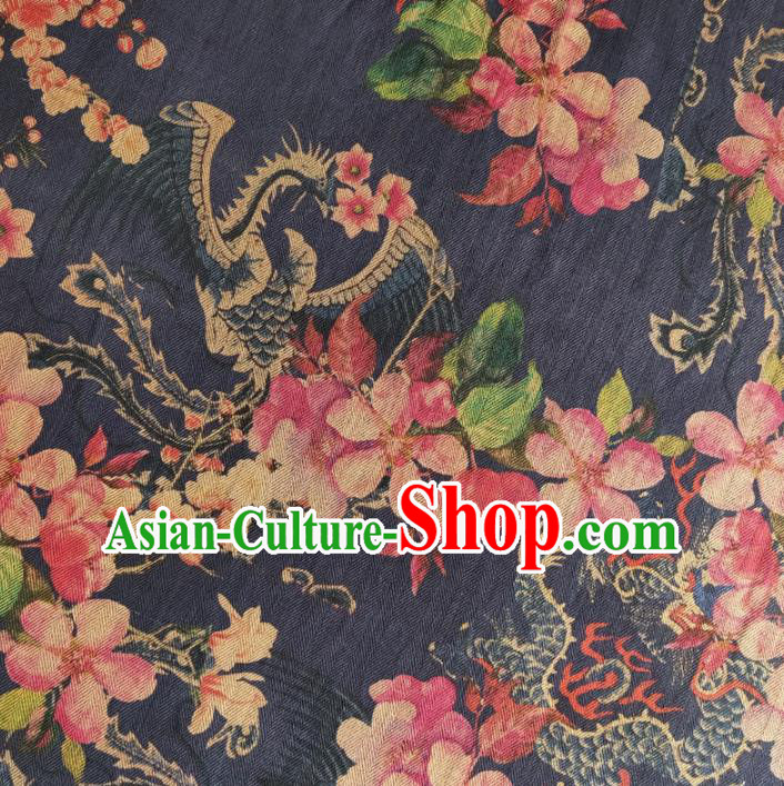 Chinese Traditional Dragon Phoenix Pattern Navy Silk Fabric Mulberry Silk Fabric Hanfu Dress Material