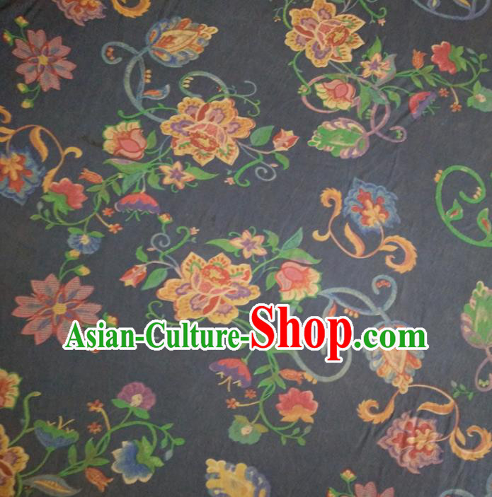 Chinese Traditional Flowers Pattern Navy Silk Fabric Mulberry Silk Fabric Hanfu Dress Material