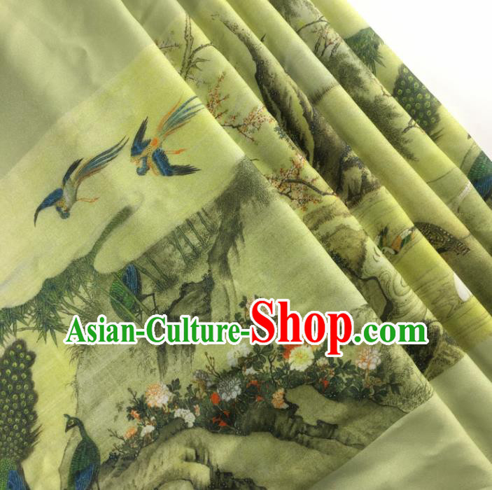 Chinese Traditional Classical Peach Blossom Pattern Green Flax Fabric Silk Fabric Hanfu Dress Material