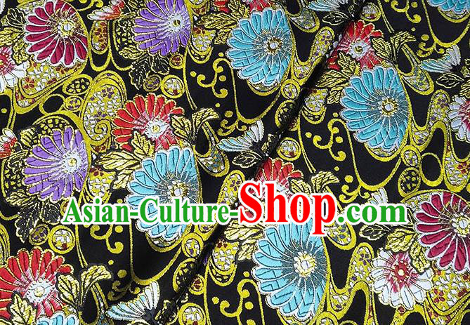 Japanese Traditional Sunflowers Pattern Kimono Black Brocade Fabric Tapestry Satin Fabric Nishijin Material