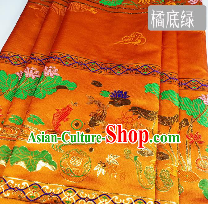 Chinese Traditional Fishes Lotus Pattern Orange Brocade Fabric Silk Satin Fabric Hanfu Material