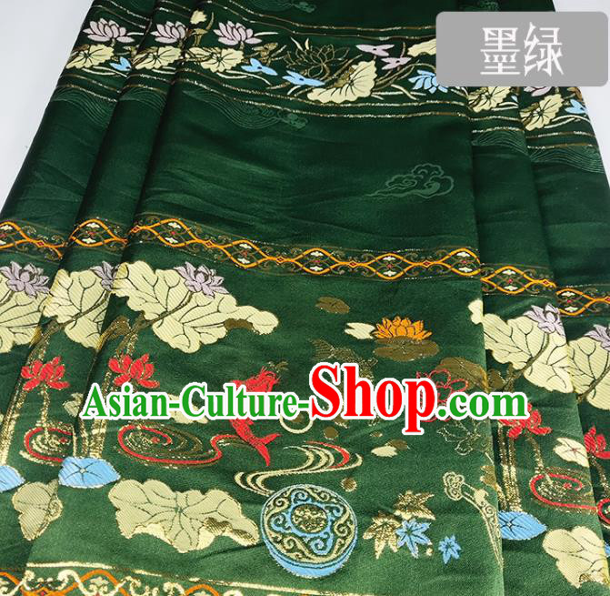 Chinese Traditional Fishes Lotus Pattern Deep Green Brocade Fabric Silk Satin Fabric Hanfu Material
