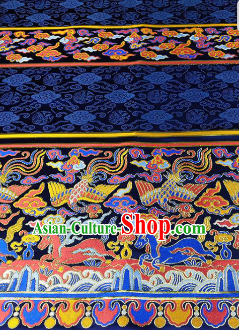 Chinese Traditional Phoenix Horse Pattern Navy Brocade Fabric Silk Satin Fabric Hanfu Material