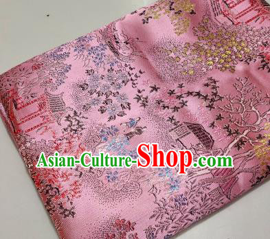 Chinese Traditional Scenery Pattern Pink Brocade Fabric Silk Satin Fabric Hanfu Material