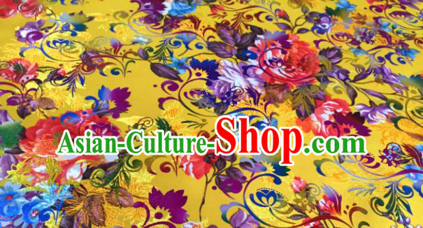 Chinese Traditional Peony Flowers Pattern Yellow Brocade Fabric Silk Satin Fabric Hanfu Material