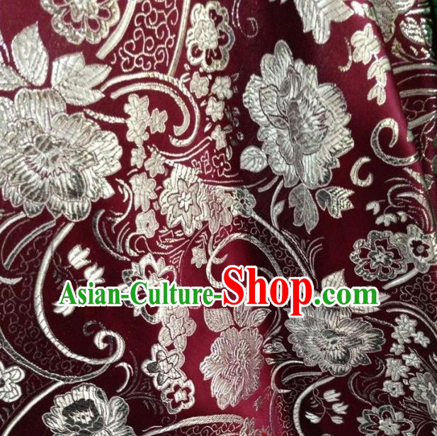 Chinese Traditional Peony Pattern Purplish Red Brocade Fabric Silk Tapestry Satin Fabric Hanfu Material