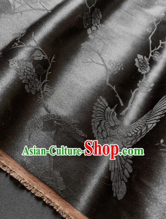 Chinese Traditional Flowers Birds Pattern Black Silk Fabric Hanfu Material