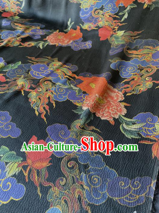 Chinese Traditional Cloud Peony Pattern Black Silk Fabric Hanfu Gambiered Guangdong Gauze Material