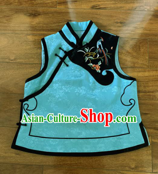 Chinese Traditional Embroidered Blue Silk Vest Tang Suit Waistcoat for Women
