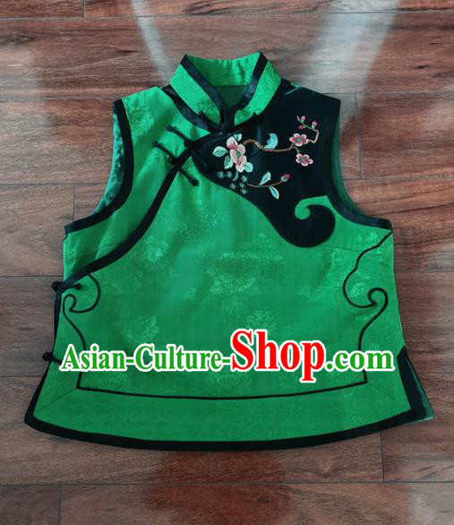 Chinese Traditional Embroidered Green Silk Vest Tang Suit Waistcoat for Women