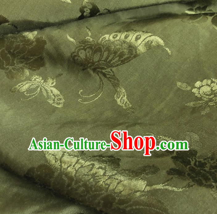 Chinese Traditional Butterfly Peony Pattern Olive Green Silk Fabric Hanfu Brocade Material