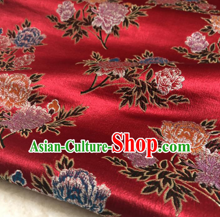 Chinese Traditional Peony Pattern Red Silk Fabric Hanfu Brocade Material