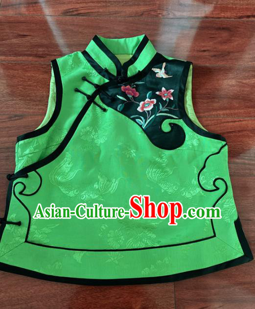 Chinese Traditional Embroidered Light Green Silk Vest Tang Suit Waistcoat for Women