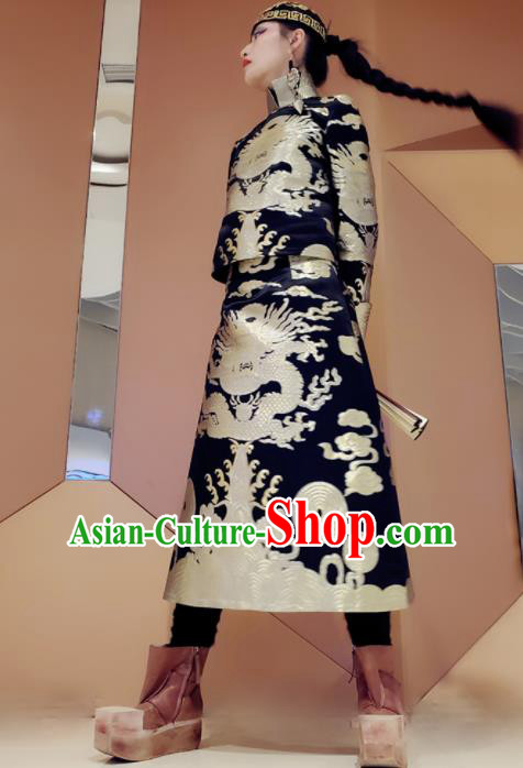 Chinese Traditional Black Brocade Blouse and Skirt Tang Suit Costumes for Women