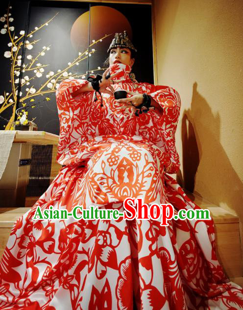 Chinese Traditional National Batik Red Dress Tang Suit Mandarin Sleeve Dress for Women