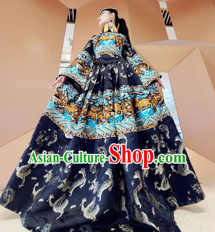 Chinese Traditional National Embroidered Navy Dress Tang Suit Clothing for Women