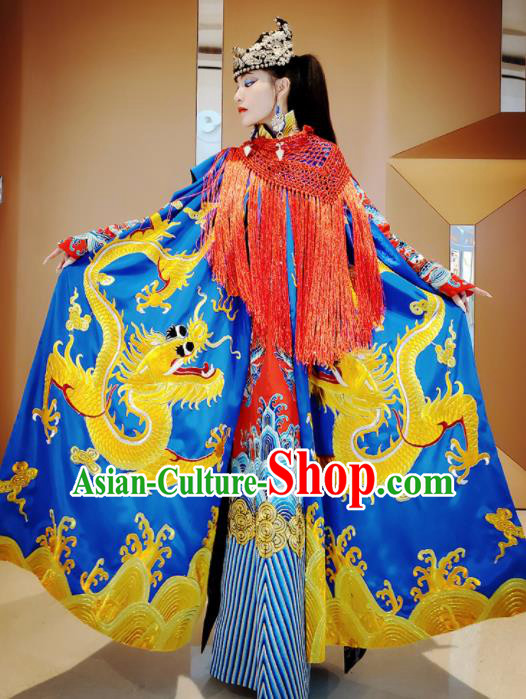 Chinese Traditional Embroidered Dragon Royalblue Cloak Tang Suit Cape Costume for Women