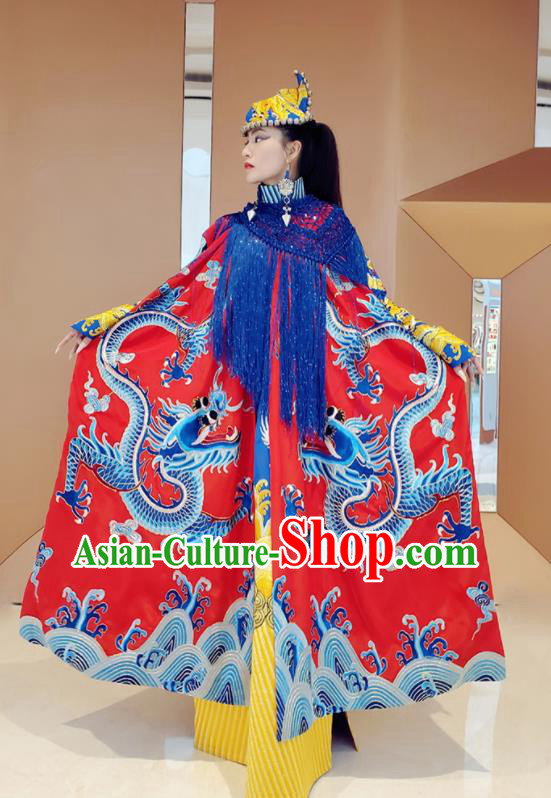 Chinese Traditional Embroidered Dragon Red Cloak Tang Suit Cape Costume for Women