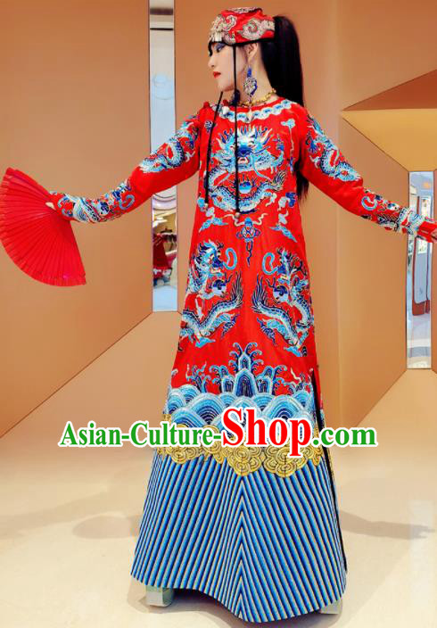 Chinese Traditional National Embroidered Red Robe Tang Suit Cheongsam Dress Costume for Women