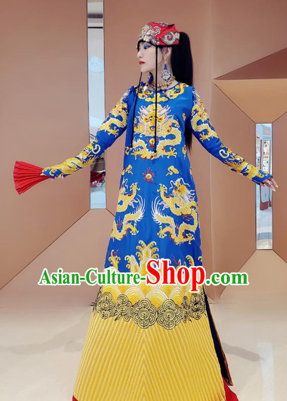 Chinese Traditional National Embroidered Royalblue Robe Tang Suit Cheongsam Dress Costume for Women